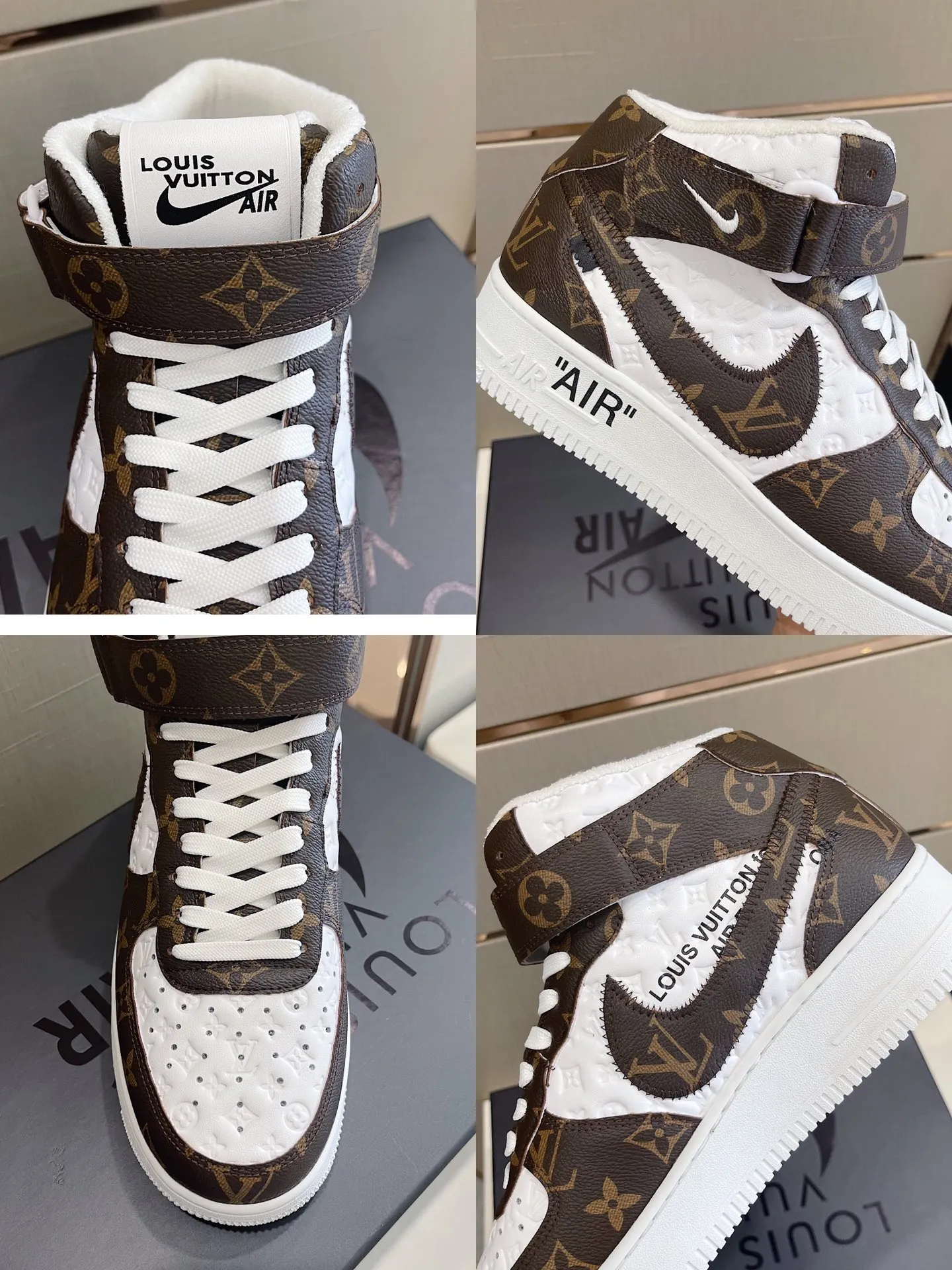 P480 Loui* Vuitto* x OFF-WHITE x Nike three-party collaboration! Trendy and cool men's high-top casual sports shoes with unrivaled color matching. The design idea basically continues the style of THE TEN. The Swoosh line and tongue label have a very familiar visual effect and are both fashionable and trendy! A must-have for fashionistas! The effect on your feet is absolutely stunning! Size: 38-45